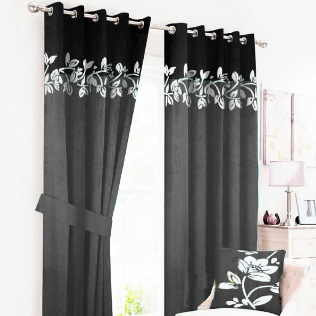 2 Tone Velvet Curtains floral design ( Grey & Black )