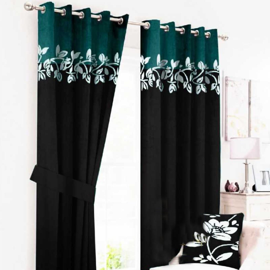 2 Tone Velvet Curtains floral design ( Green & B LACK )