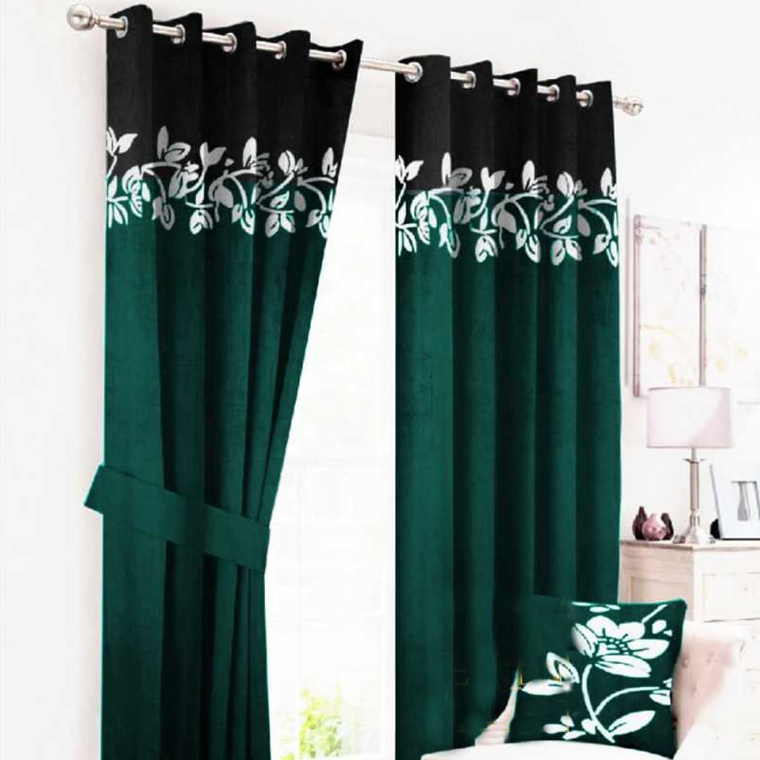 2 Tone Velvet Curtains floral design ( Green & B Lack )