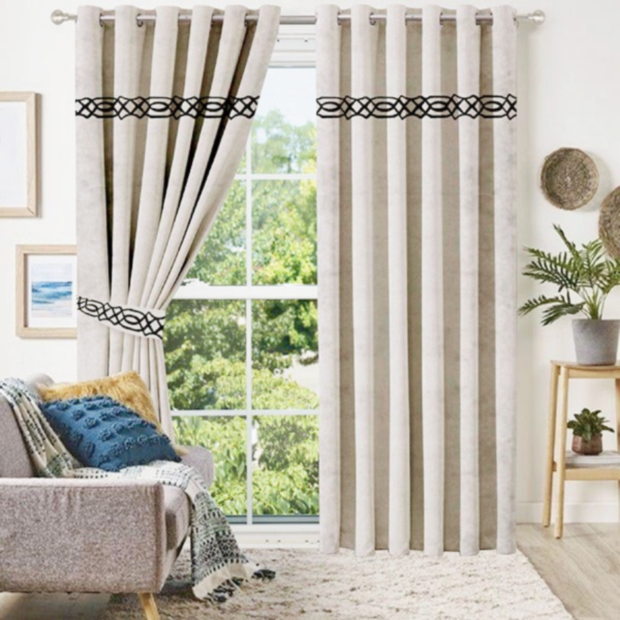 Luxury velvet curtain top single design ( Cream &Black )