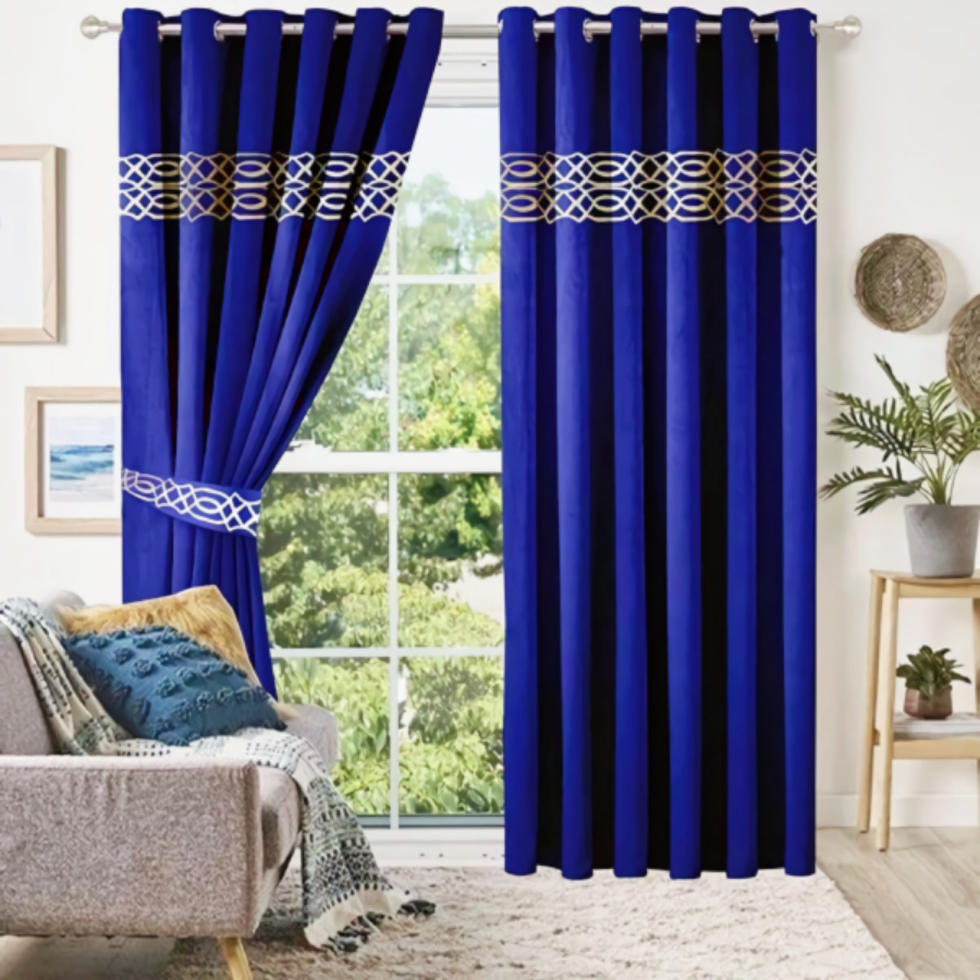Luxury velvet curtain top border design ( royal blue & black )